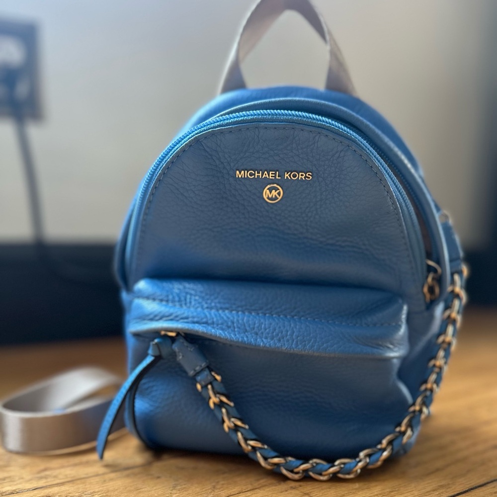 Michael Kors Bright Blue Pebbled Leather Mini Backpack with Chain Detail - Picture 2 of 7